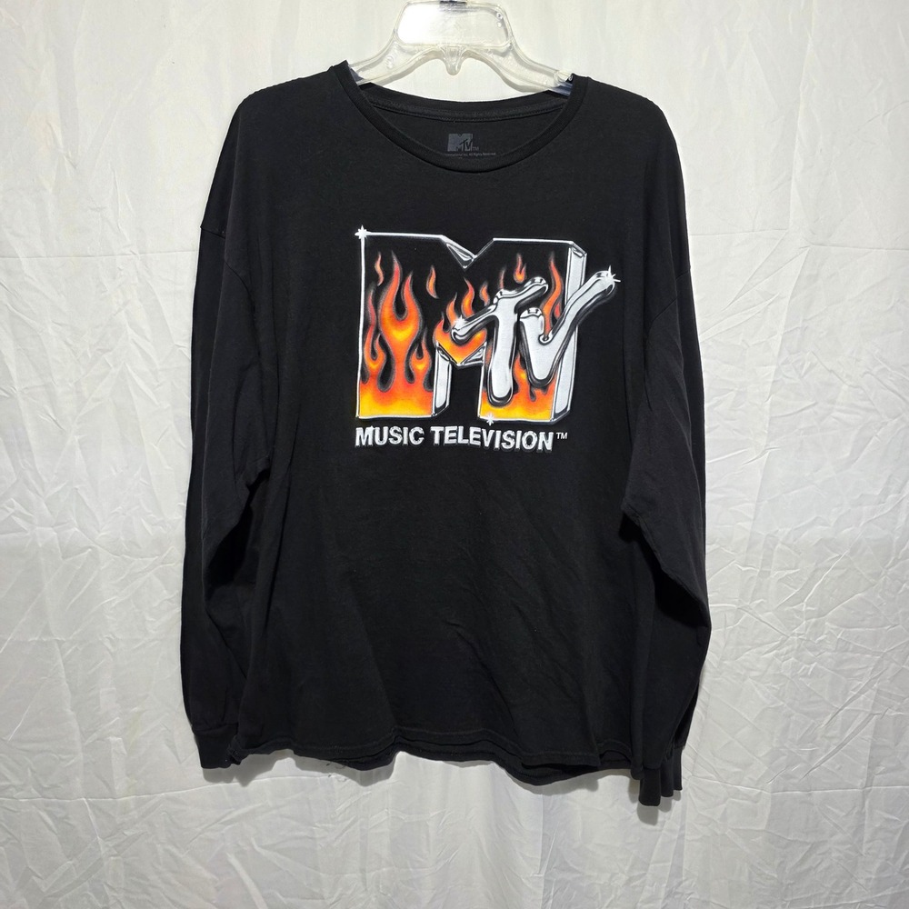 MTV Music Television Flame Logo Long Sleeve Graphic T-Shirt Black Mens 2XL